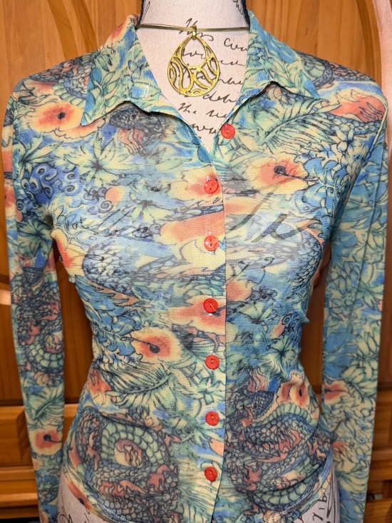 Tops - Floral Button-Down Mesh Shirt in Aqua and Coral